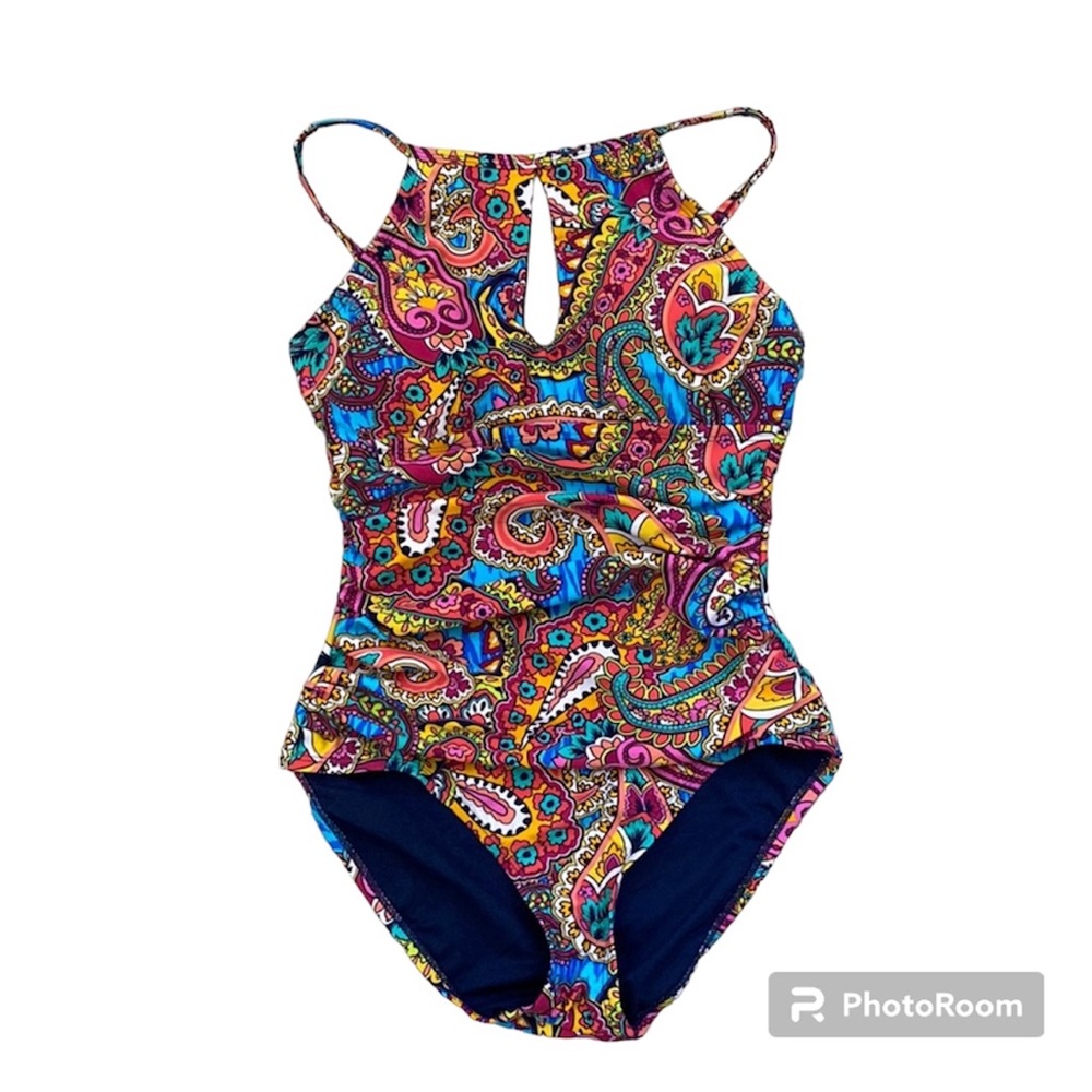 Ellen Tracy Multi Color Lined One Piece Swimsuit With Keyhole Detail Siz…